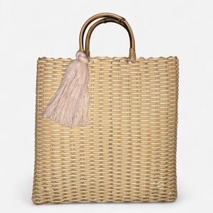 NANNA CAY Woven Straw Tote Bag w/ Bamboo Handles & Tassel / Summer Market Beach